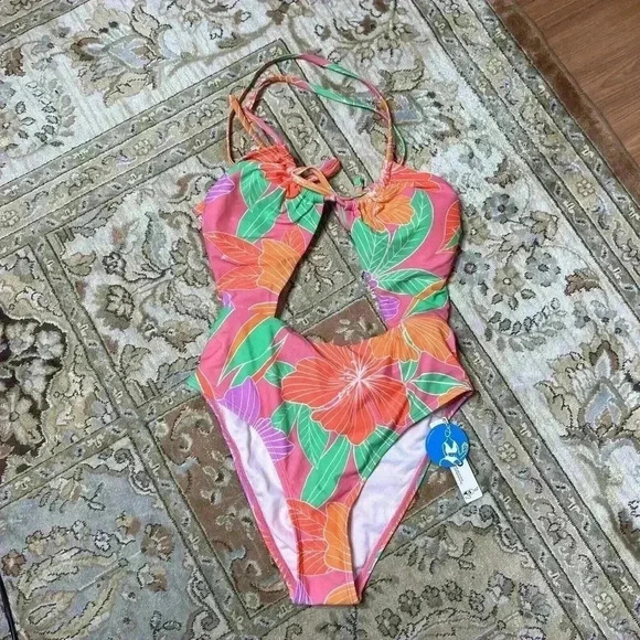 Cupche Swimsuit One Piece Tummy Cutout Tropical Print Cheeky Sz M - Picture 1 of 13